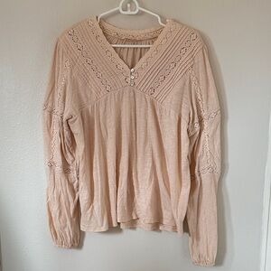 Lucky Brand Cream Blush Pink Lace Detail Long Sleeve Top Large